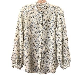 Max studio, women’s, ivory floral print top w/ spiral ruffle trim at sleeves / S